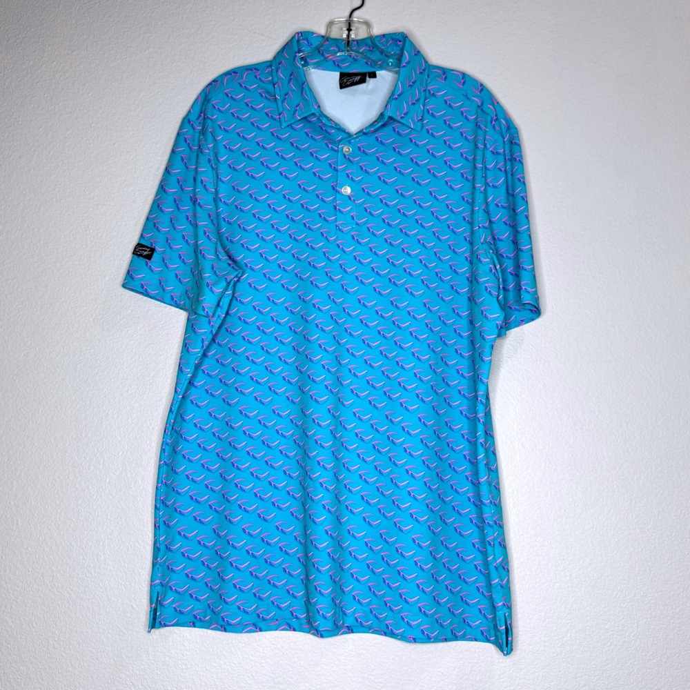 SUNDAY SWAGGER Mens Short Sleeve Polo Top L Aqua w. Pink Sunglasses Golf Outdoor